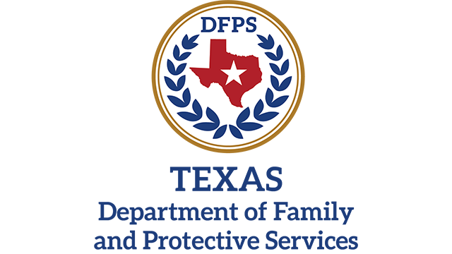 Texas Department of Family and Protective Services (DFPS) Logo, yellow circle with olive branches and a red Texas within.